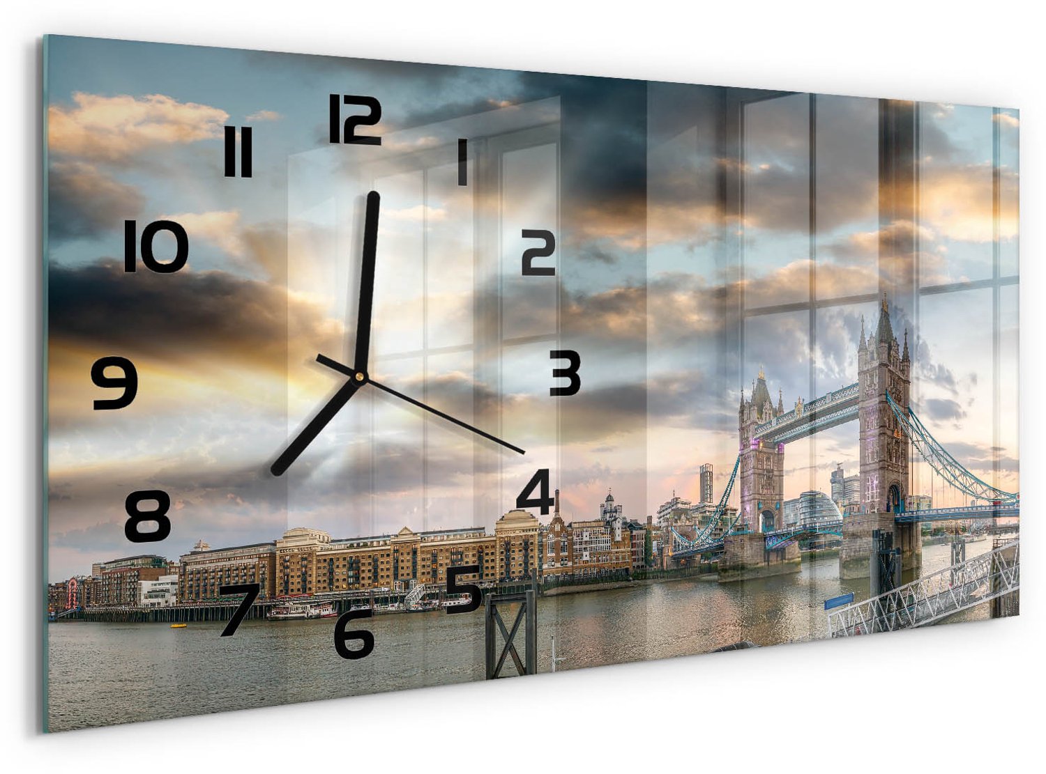 TULUP Wandklok - Tower Bridge Londen Glazen Wandklok Design - 60x30 cm - Veelkleurig Klok Glas Met Opdruk - Zwarte handen - Rechthoekige Klok - Wandklok Glas Met Motief - Decoratieve Glazen Klok