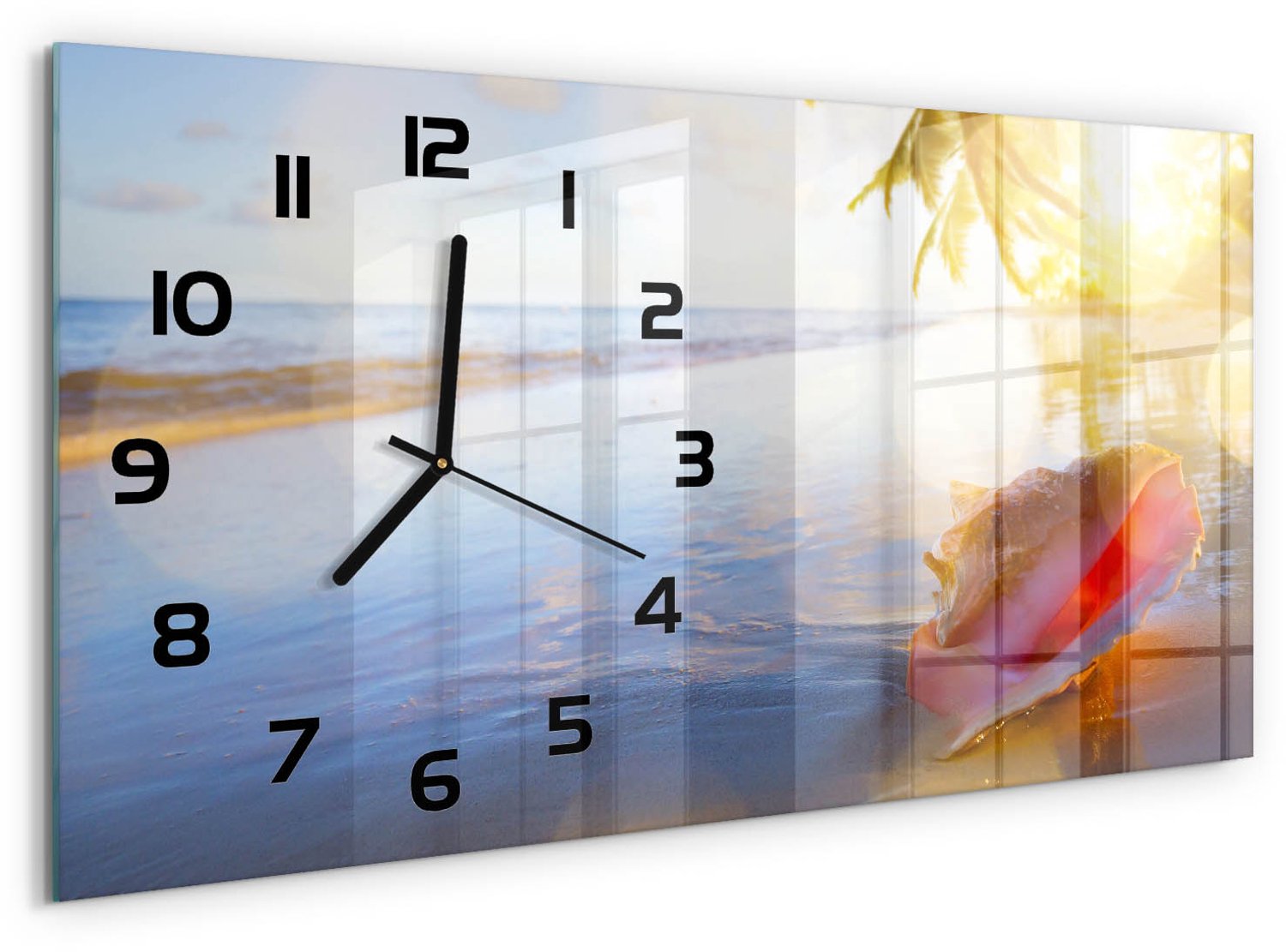 TULUP Wandklok - Een schelp op het strand Glazen Klok Met Print - 60x30 cm - Veelkleurig Wandklok Glas Met Motief - Zwarte handen - Rechthoekige Klok - Wandklok Glas Decoratie - Gekleurde Glazen Klok