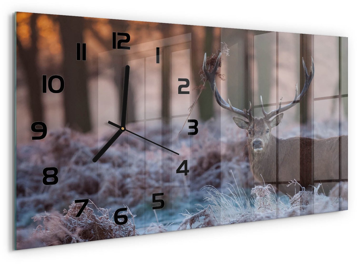TULUP Wandklok - Hert bij zonsopgang Decoratieve Glazen Klok - 60x30 cm - Bruin Glazen Wandklok Design - Zwarte handen - Rechthoekige Klok - Glazen Klok Met Print - Wandklok Glas Met Motief