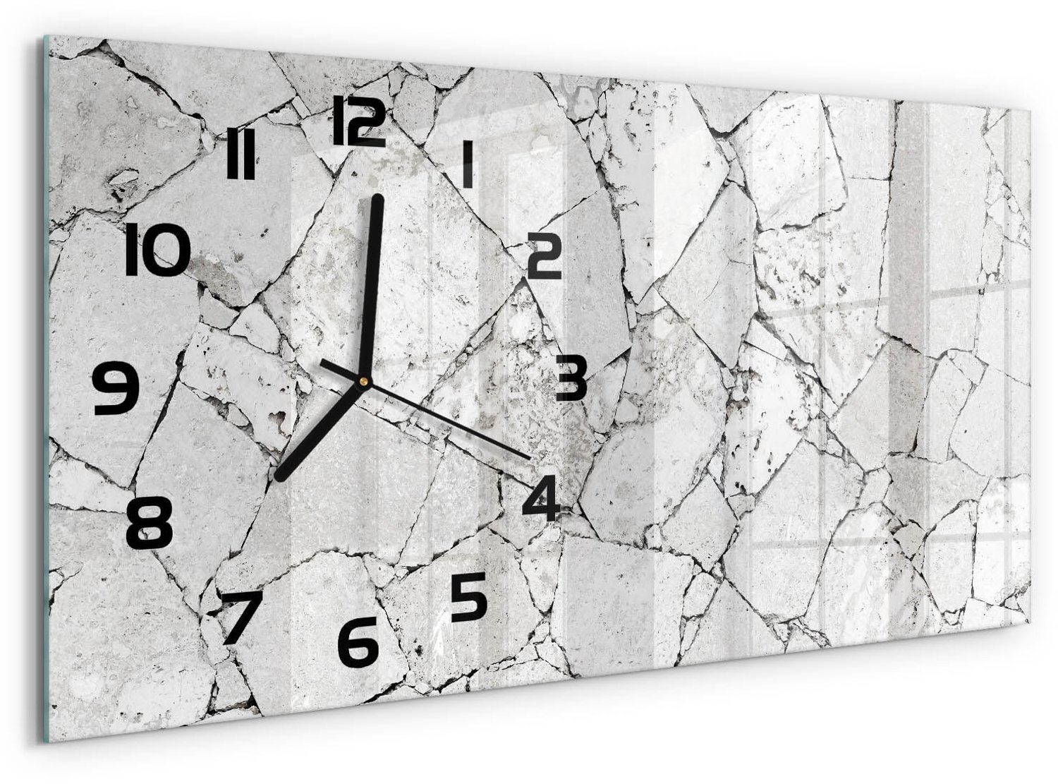 TULUP Wandklok - Stenen muur Gekleurde Glazen Klok - 60x30 cm - Wit Glazen Klok Met Print - Zwarte handen - Rechthoekige Klok - Moderne Wandklok Glas - Wandklok Glas Decoratie