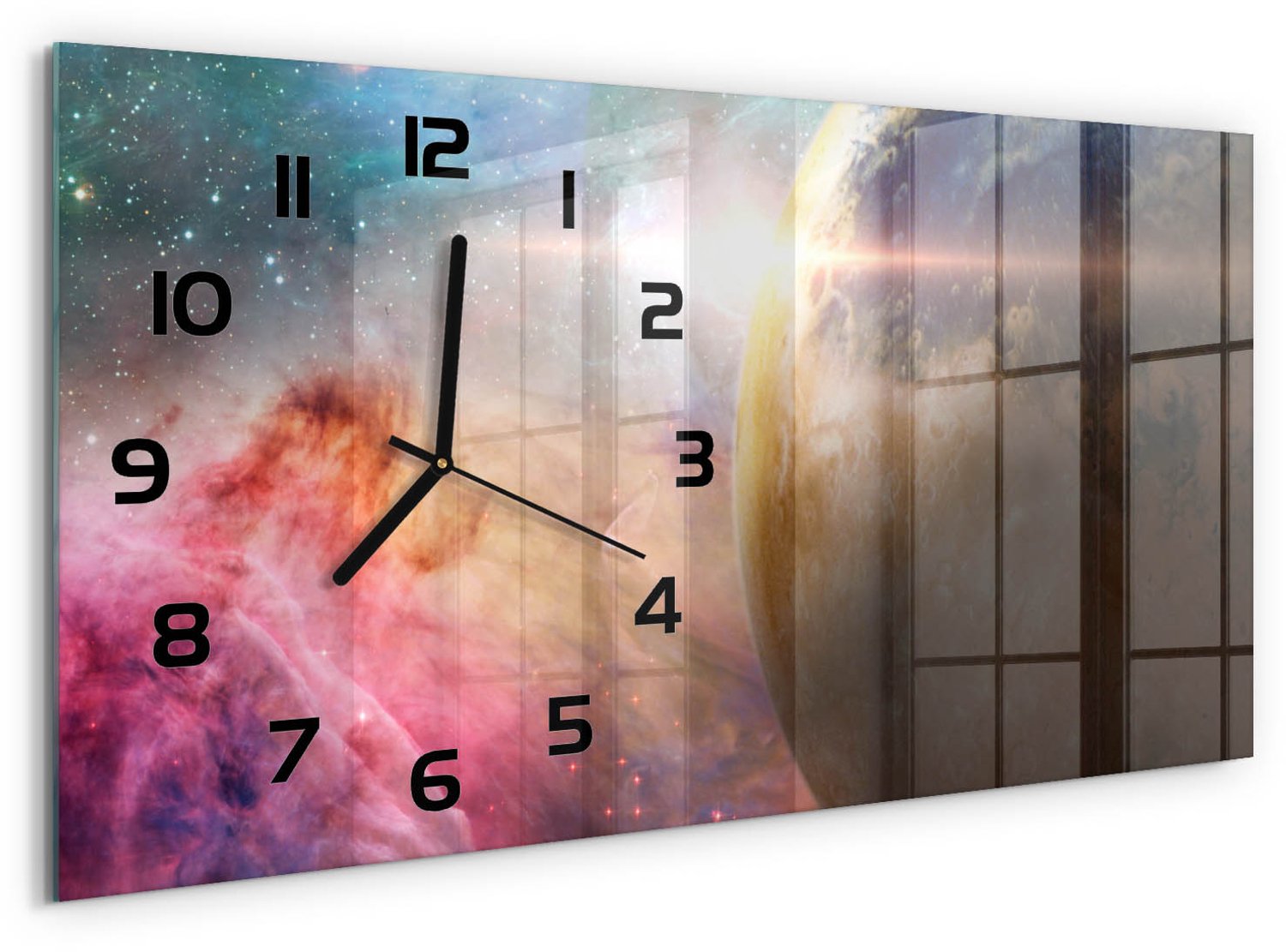 TULUP Wandklok - Melkwegstelsel Moderne Wandklok Glas - 60x30 cm - Veelkleurig Wandklok Glas Decoratie - Zwarte handen - Rechthoekige Klok - Glazen Wandklok Design - Klok Glas Met Opdruk