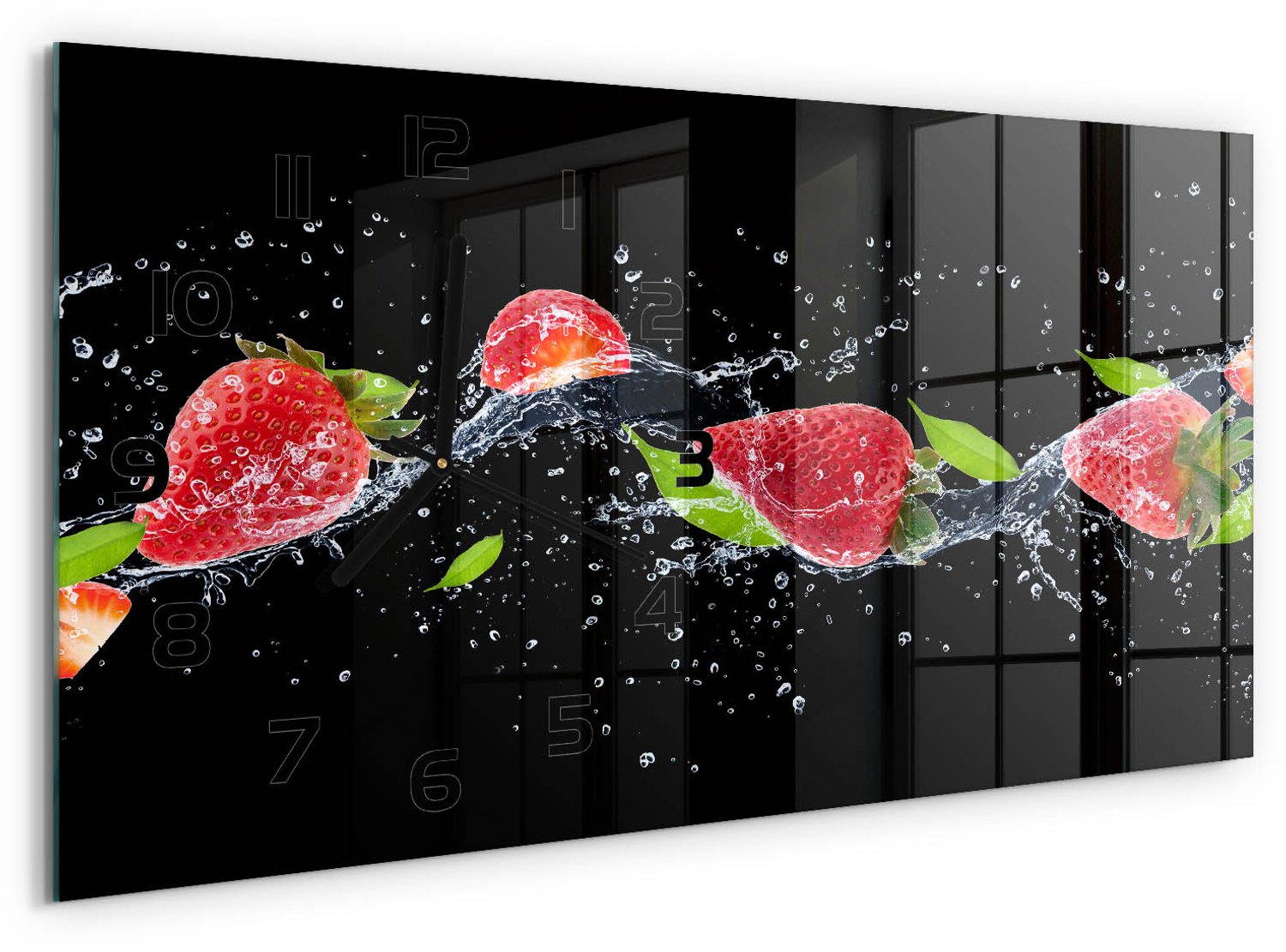 TULUP Wandklok - Aardbeien en water Decoratieve Glazen Klok - 60x30 cm - Rood Glazen Wandklok Design - Zwarte handen - Rechthoekige Klok - Glazen Klok Met Print - Wandklok Glas Met Motief