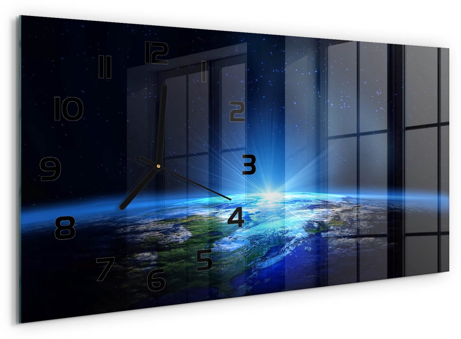 TULUP Wandklok - Planeet Aarde Glazen Klok Met Print - 60x30 cm - Blauw Wandklok Glas Met Motief - Zwarte handen - Rechthoekige Klok - Wandklok Glas Decoratie - Gekleurde Glazen Klok