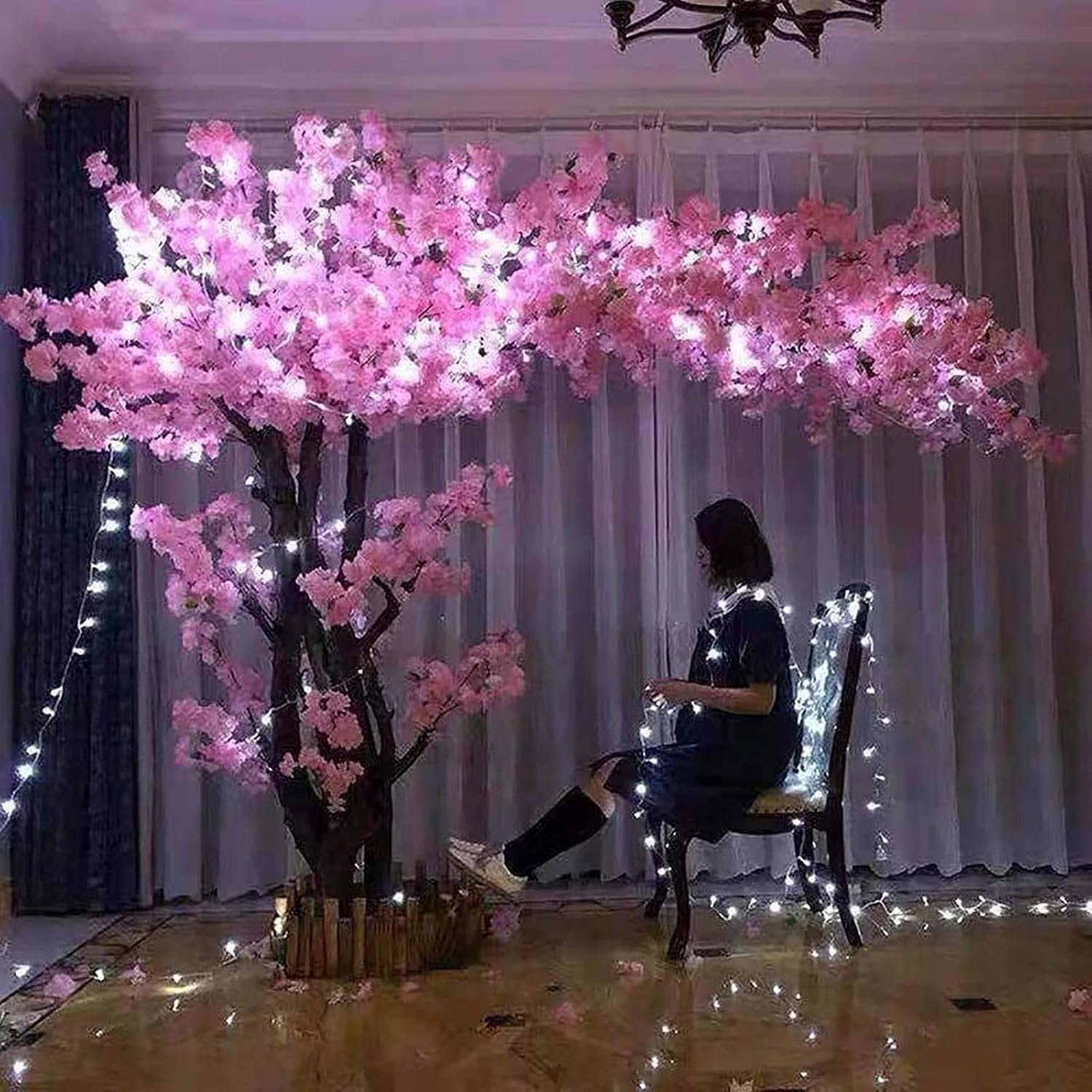 Kunstboom, Kersenbloesems, Dichte Kunstmatige Perzikbomen, Massief Houten Boomstammen-geschikt voor Binnen, Familie, Woonkamer, Kunstmatige Buiten,Roze,2X1.8M