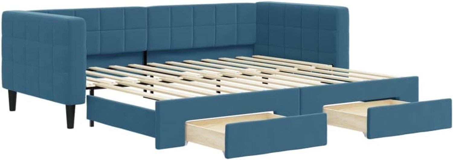 Dagbed, familiebed, hotelbed, uittrekbaar met laden, blauw, 90 x 200 cm, fluweel, voor slaapkamer, logeerkamer