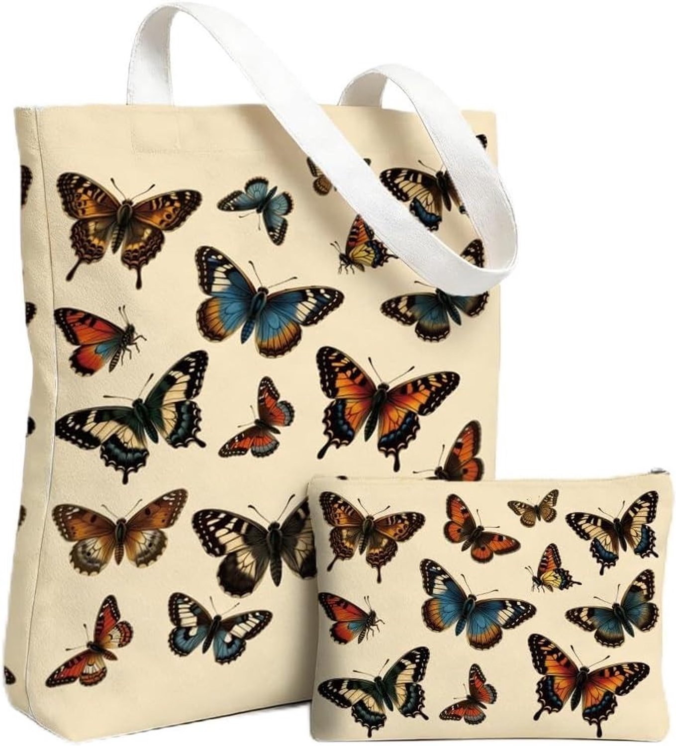 Canvas Tote Bag Set voor Vrouwen met Cosmetica Tas - Skelet, Zon, Maan en Wilde Bloemen - Herbruikbare Aesthetic Shop- en Gymtas