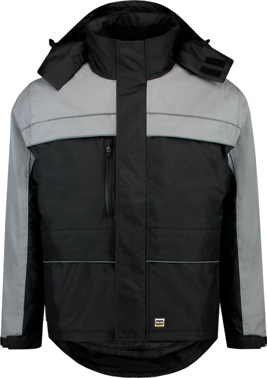 Zwarte Tricorp parka met grijze borst- en heupbanden, grijze schouder- en mouwpanelen, capuchon.