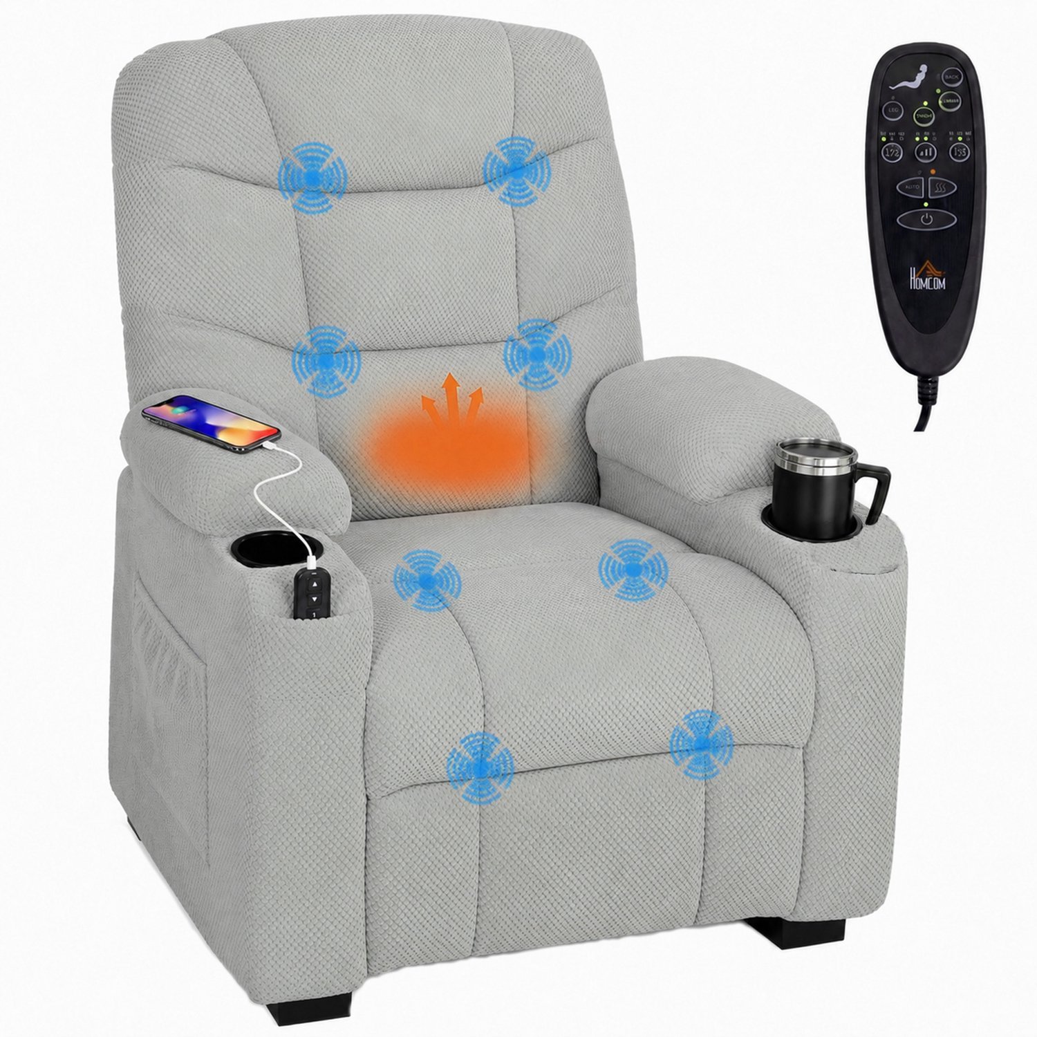 Homcom Massage Recliner Sofa-Polyester, Metall-96 x 90 x 105 cm-Grau Grijs