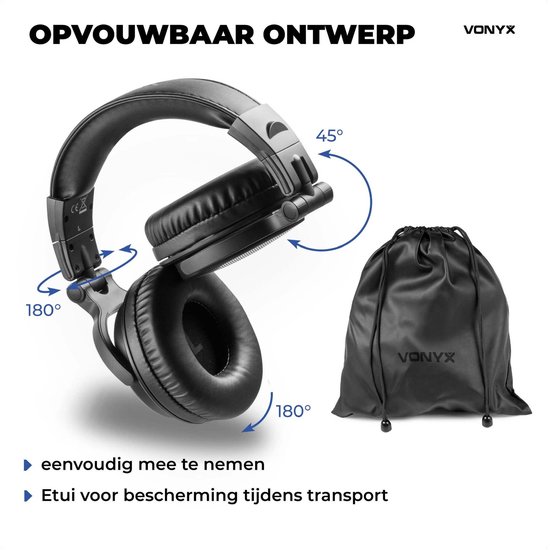 Zwarte opvouwbare over-ear koptelefoon met draaibare oorschelpen en bijbehorende draagtas.