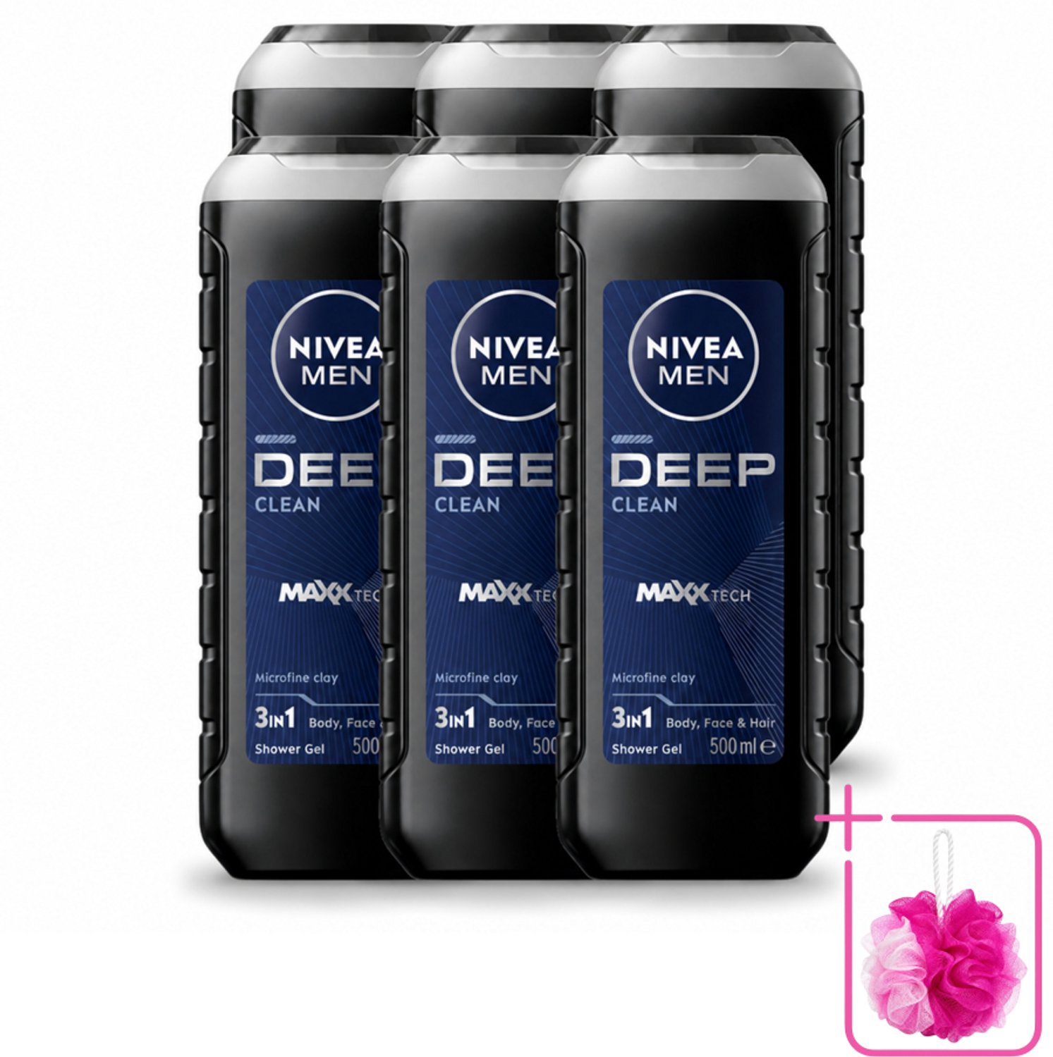 6 x NIVEA MEN - Douchegel - Deep Clean 3-in-1 - 500 ml - Bulkverpakking - Diepe reiniging - Douchemop - Microklei