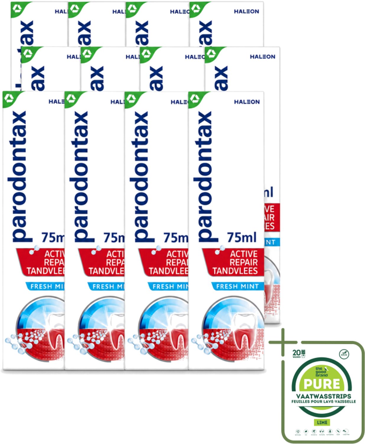 12 x Parodontax – Tandpasta – Active Repair Fresh Mint – 75 ml - Grootverpakking - Vaatwasstrips - Tandvlees Herstellen - Tandplak Verwijderen - Bloedend Tandvlees - Gezwollen Tandvlees - Ontstoken Tandvlees