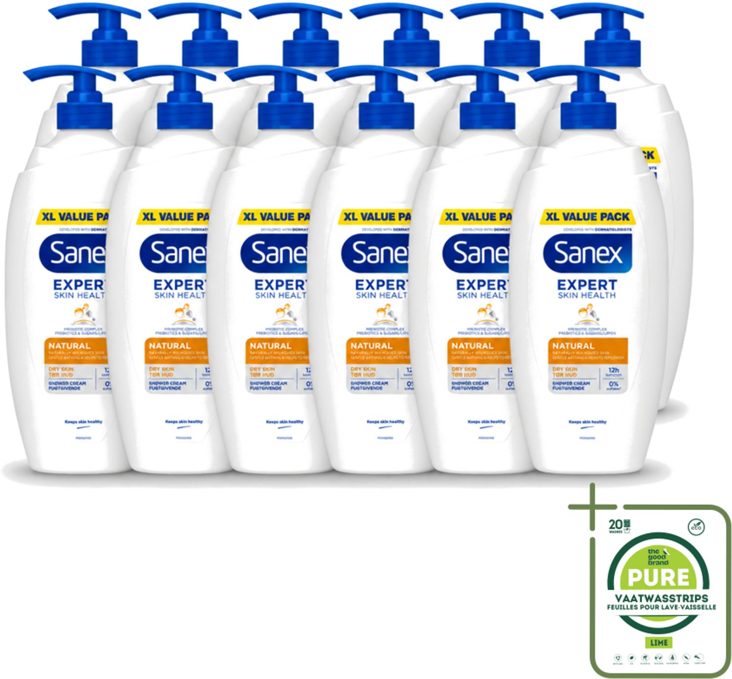 12 x Sanex – Douchecrème – Expert Skin Health Naturals – 750 ml - Grootverpakking - Vaatwasstrips - Gevoelige Huid - Huidverzorging - Douchecrème - Hydratatie - Pre- En Postbiotica
