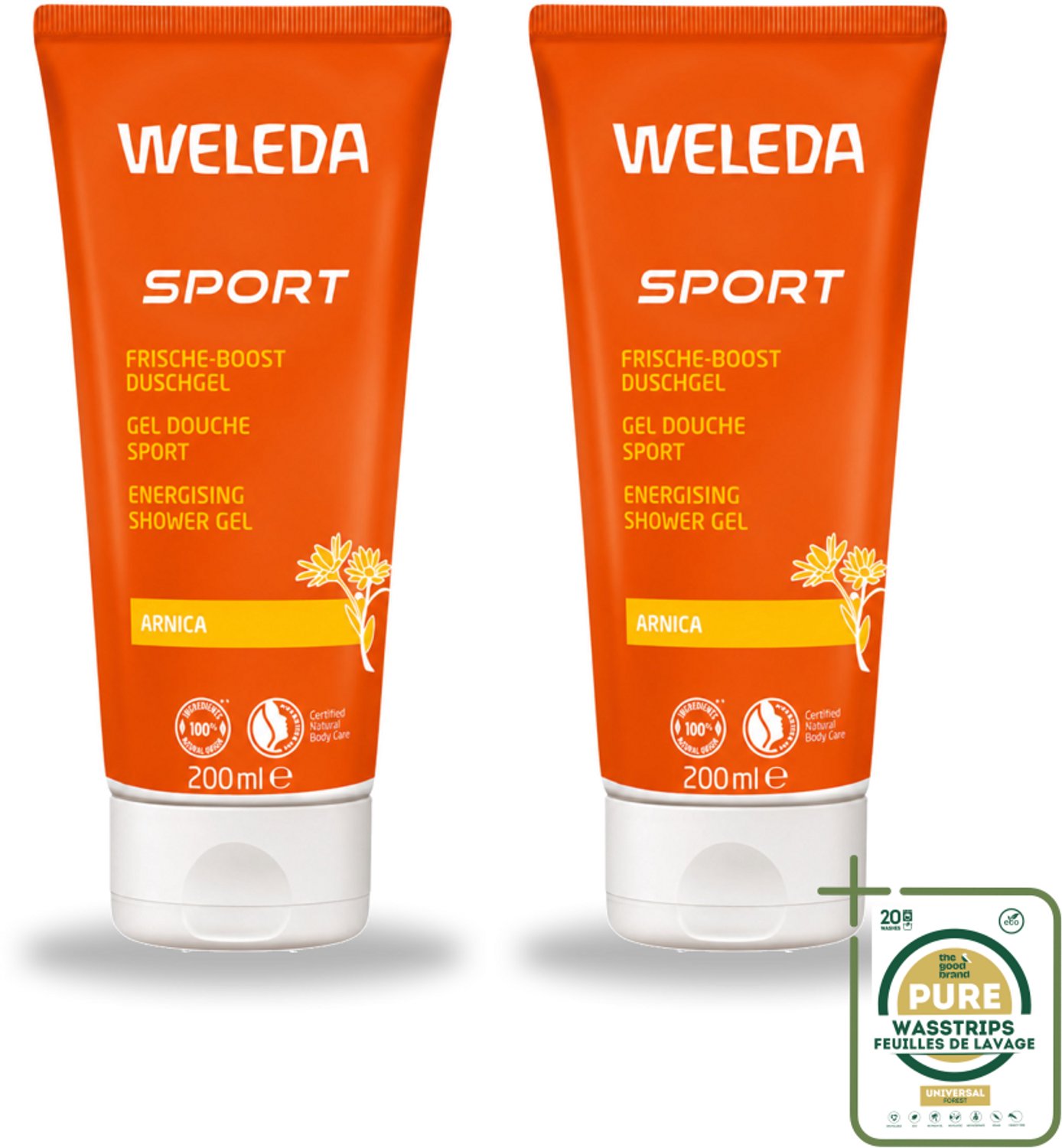 2 x WELEDA - Douchegel Sport - Arnica - 200 ml - Wasstrips - Douchegel Sport - Herstel Na Sporten - Arnica Douchegel - Natuurlijke Douchegel - Verfrissende Douchegel