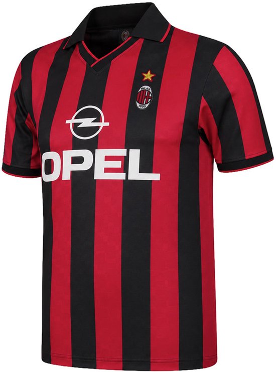 AC Milan retroshirt met rode en zwarte strepen, OPEL-logo, clubembleem en gouden ster op de borst.