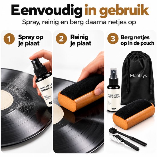 Montzys® Platenborstel Set - Vinyl Borstel met Reinigingsvloeistof & Naaldborstel - LP Platenreiniger voor Platenspeler - Inclusief Opbergzakje — afbeelding 5