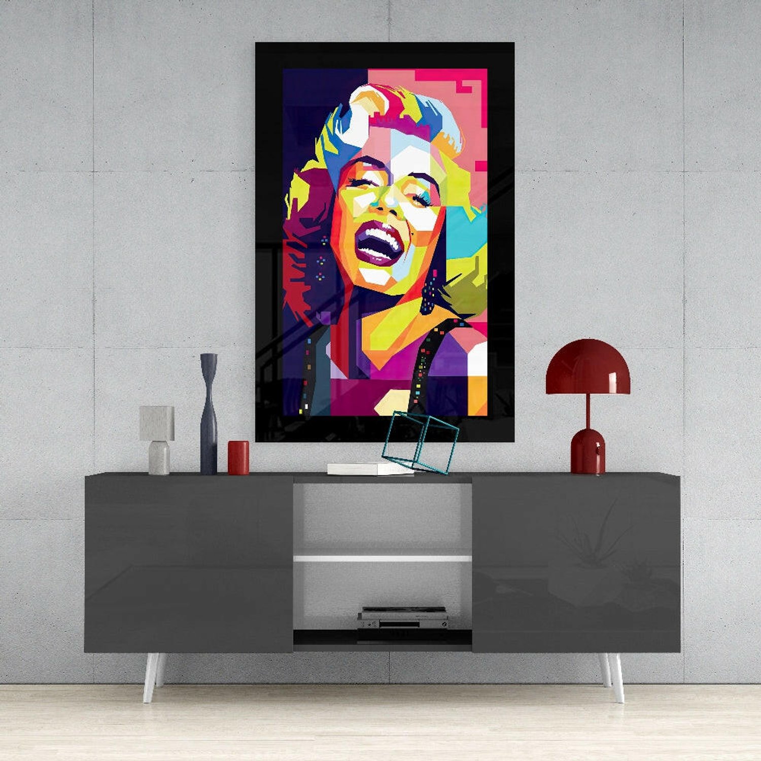 Glasschilderij – Popart Lachende Blonde Vrouw – Bijzondere Wanddecoratie