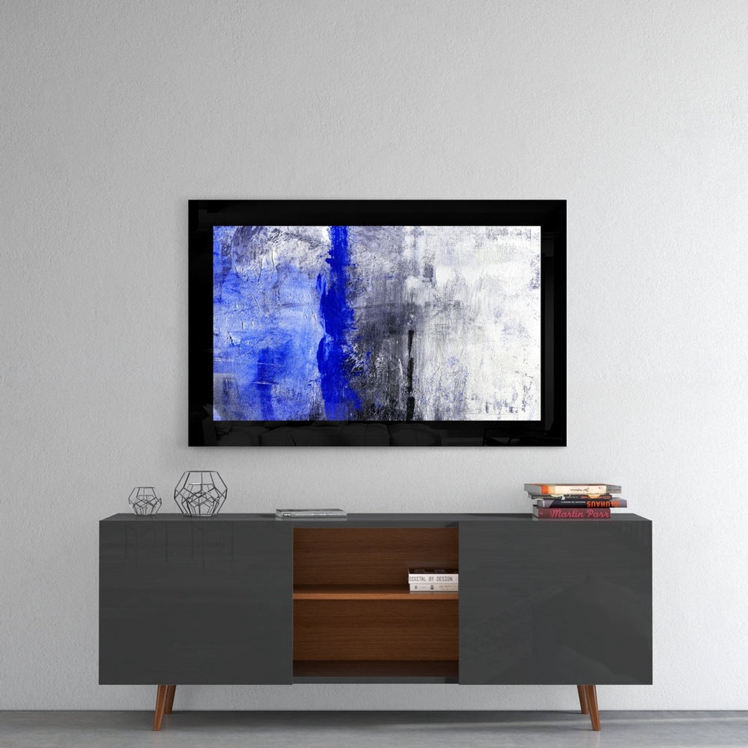 Glasschilderij – Kobaltblauwe Streep op Grijze Textuur – Abstracte Wandkunst