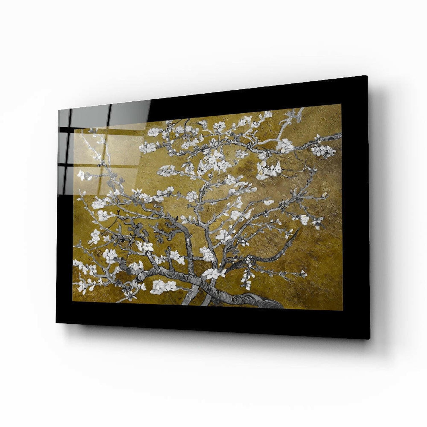 Glasschilderij – Gouden Amandelbloemen – Moderne Wanddecoratie