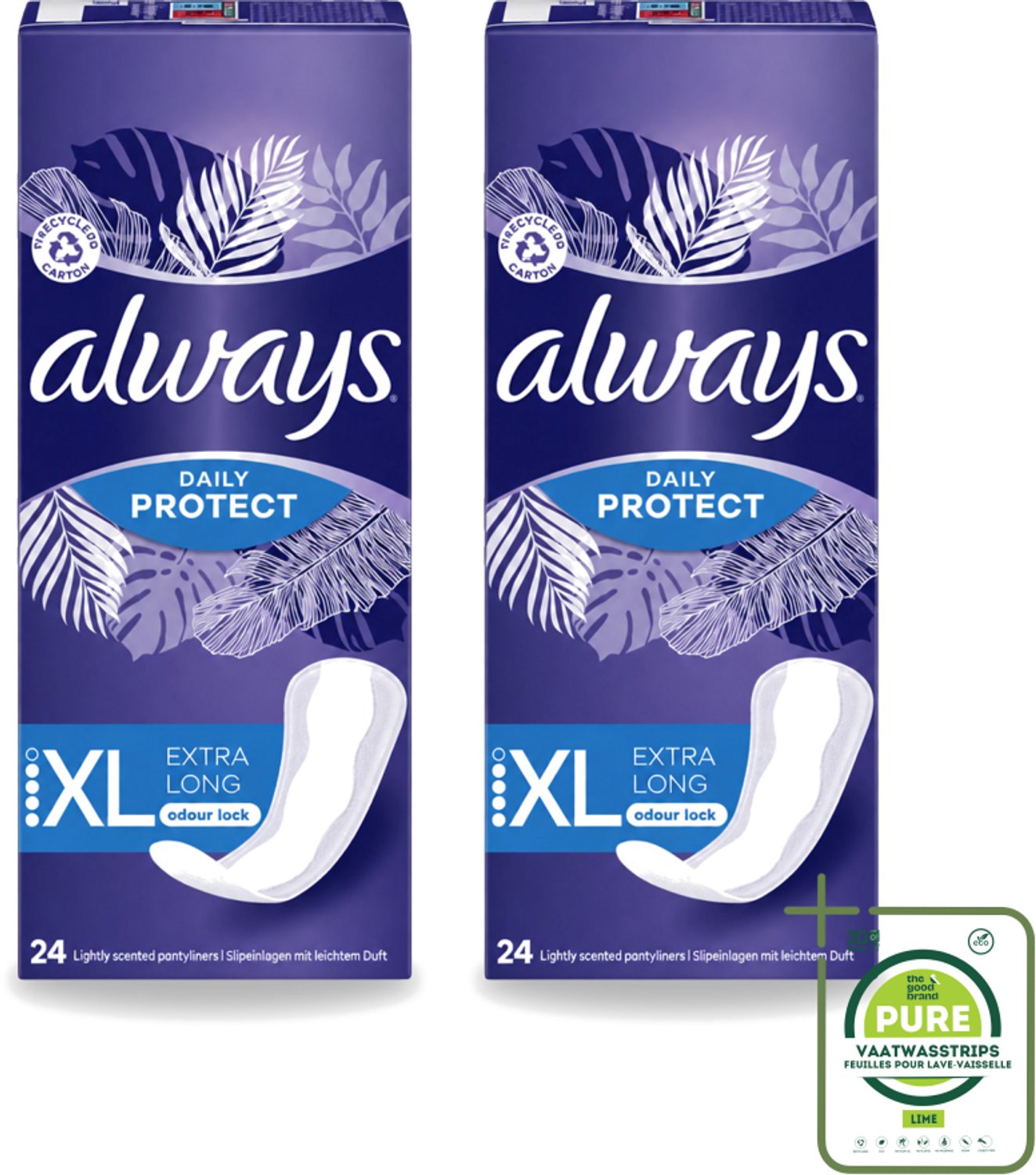 2 x Always – Inlegkruisjes – Extra Long – 24 Inlegkruisjes - Grootverpakking - Vaatwasstrips - Inlegkruisjes - Extra Lang - Dagelijkse Bescherming - Fris Gevoel - Absorberende Inlegkruisjes