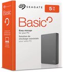 Verpakking van Seagate Basic 5TB externe harde schijf met witte en oranje details.