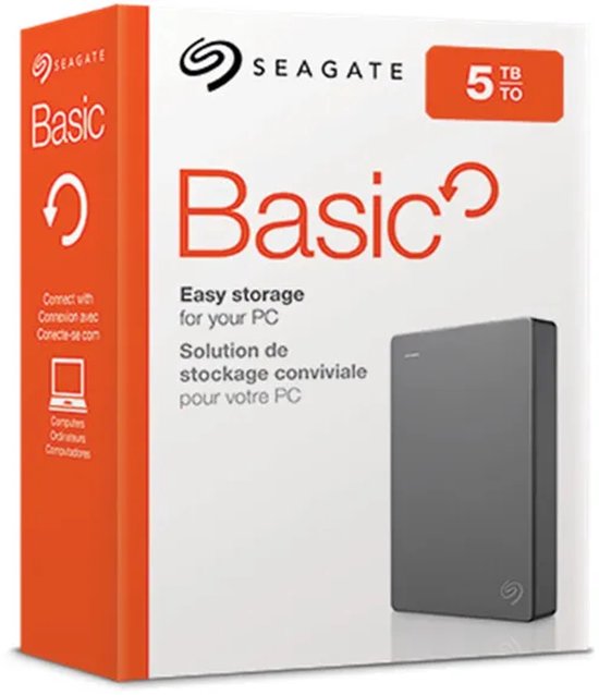 Verpakking van Seagate Basic 5TB externe harde schijf met witte en oranje details.