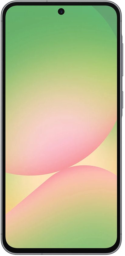 Vooraanzicht van een grijze smartphone met een kleurrijk, abstract schermontwerp.