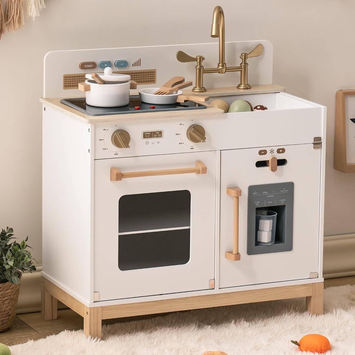 Houten Speelkeuken voor Kinderen, Montessori Speelgoed met Licht en Geluid, Inclusief IJsblokjesdispenser - Educatief Cadeau voor Peuters vanaf 3 Jaar