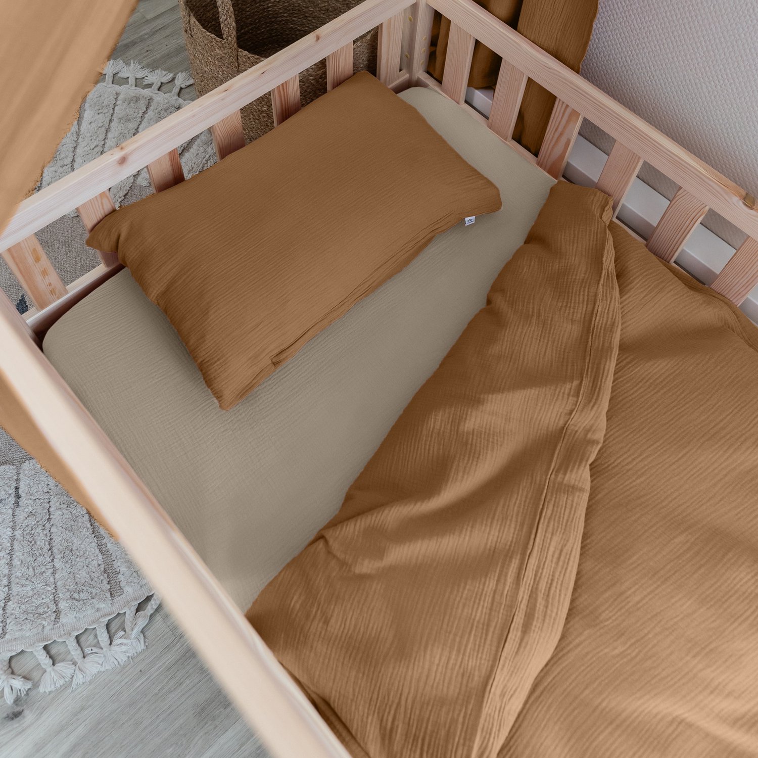 LILIMAUS Kinderdekbedovertrek 100 x 135 cm met kussensloop 40 x 60 cm - mousseline katoen - bruin