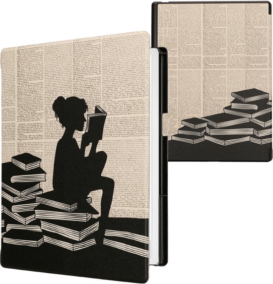 kwmobile e-reader hoesje geschikt voor Pocketbook InkPad One hoes - E reader flip case met magnetische sluiting - Ereader cover - Meisje met boeken design in zwart / beige — afbeelding 2