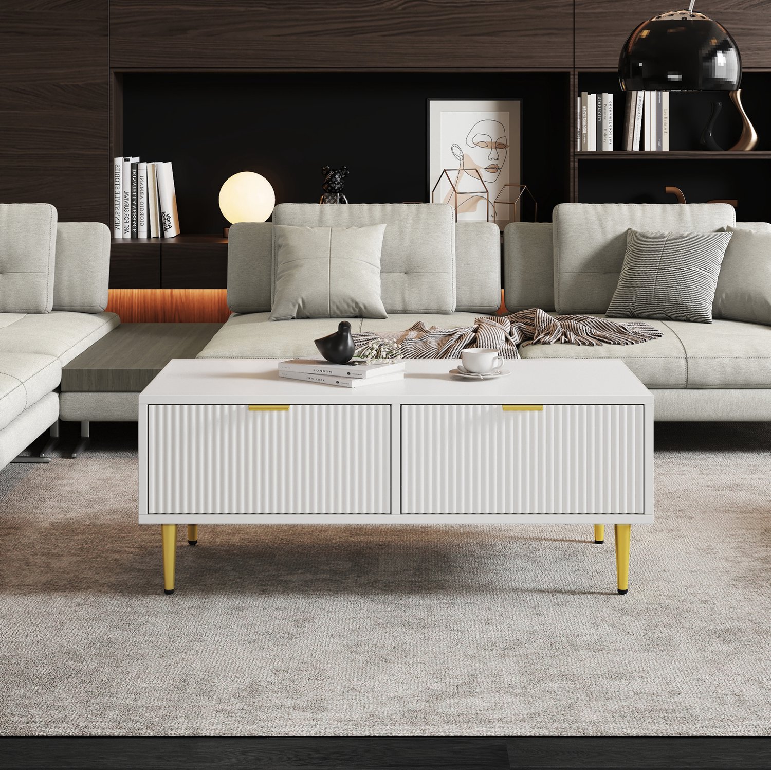 CHICFURN Salontafel - 2 lades - opbergruimte - 4 poten - wit en goud