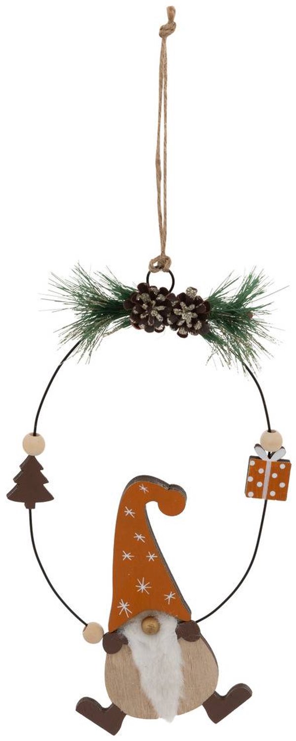Feeric lights & Christmas Hangversiering van dennenhout in de vorm van een kroon met kabouter, 18 cm Orange