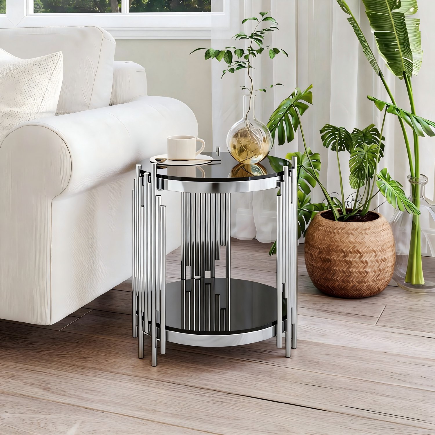 CHICFURN Bijzettafel - 2 lagen - Rond - Zwart en zilver