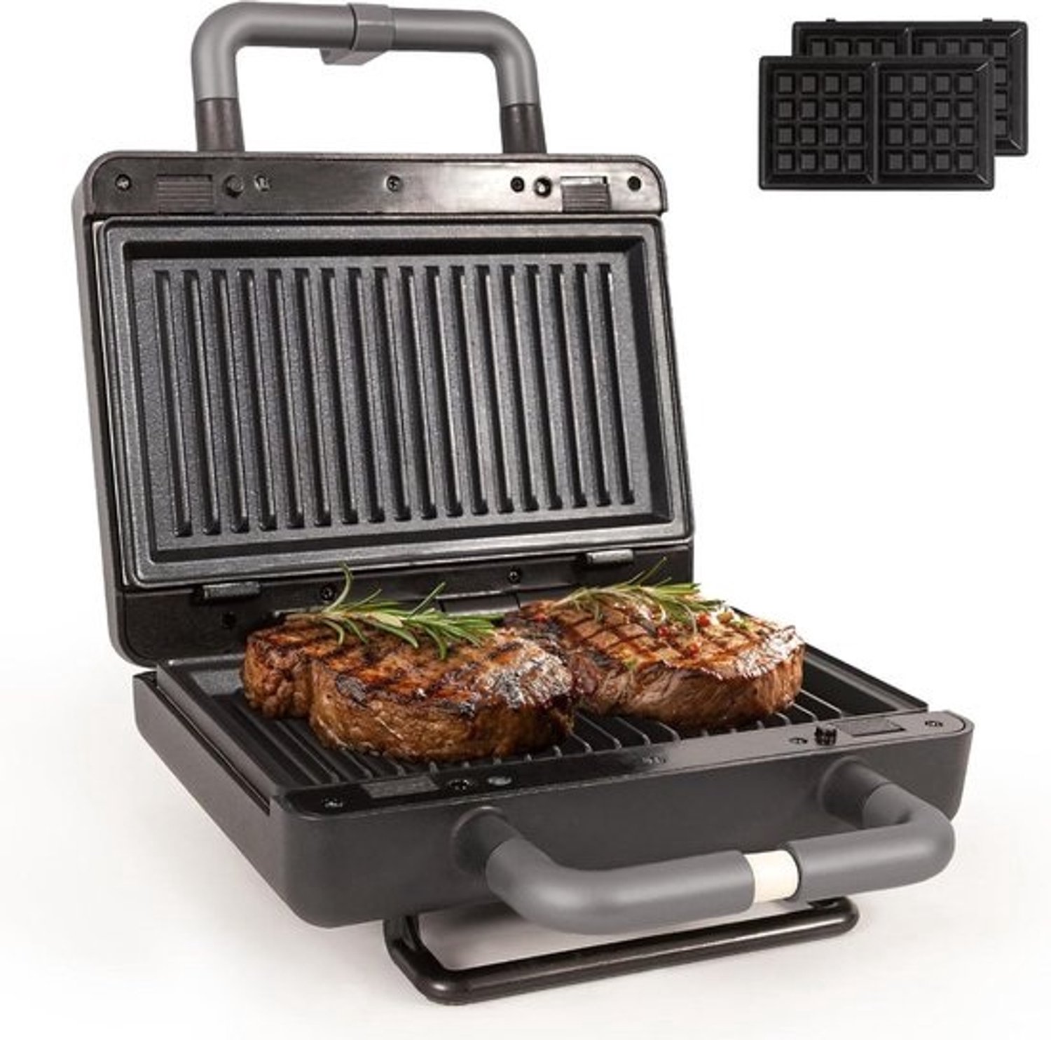 Wafel- en sandwichmaker - Tostiapparaat - Snelle maaltijden - 2-in-1 functie - 800 Watt - Mat zwart/zilver