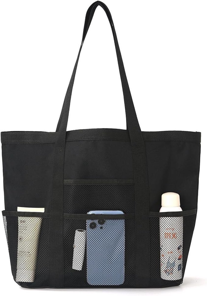 PolkaHome Mesh strandtas met ritssluiting - XXL familie - Opvouwbare badtas voor dames - Groot - Douchetas - Shoppertas voor strand, zwemmen, sportschool, reizen en dagelijks gebruik
