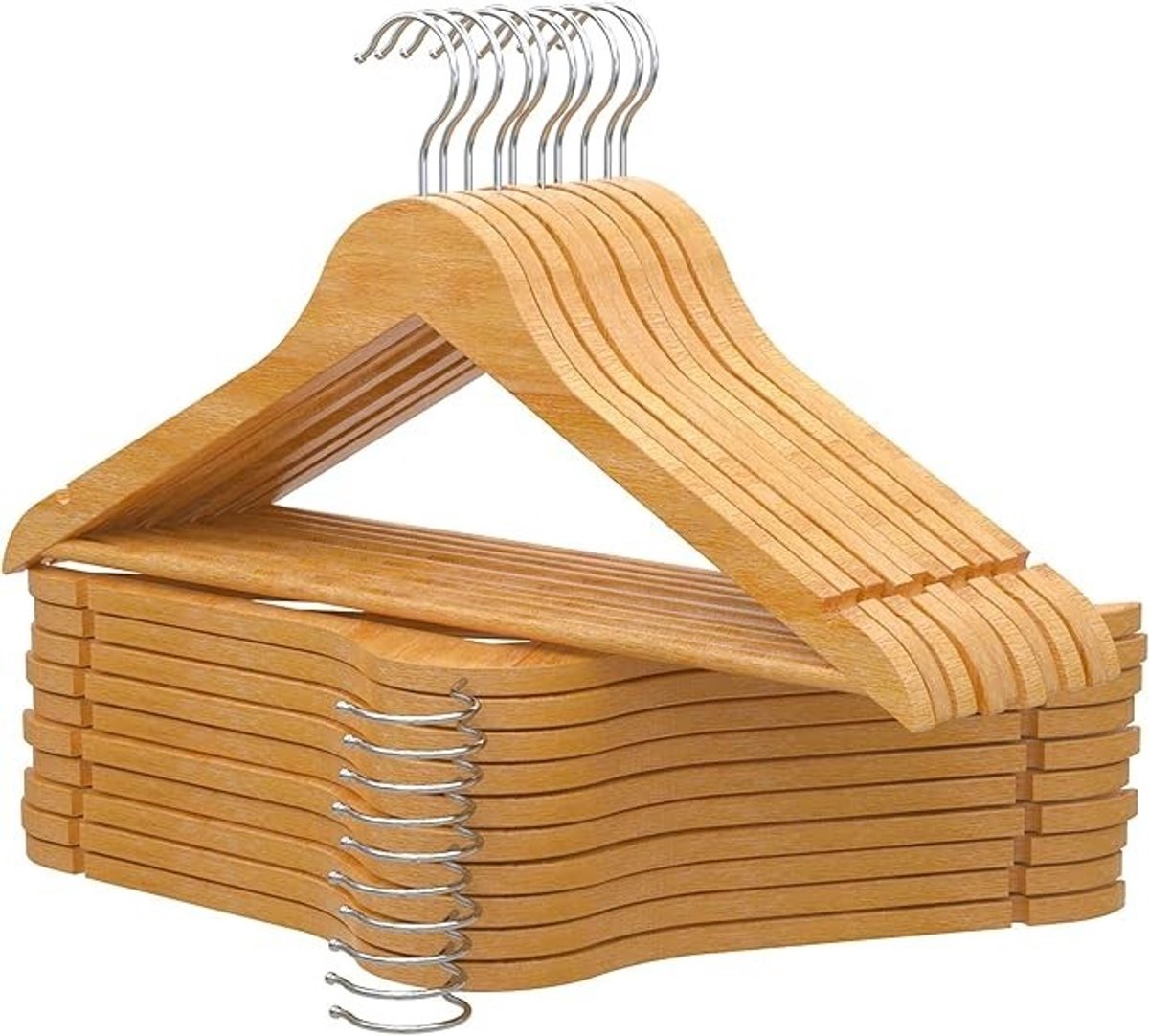 PolkaHome Houten Kleerhangers 20 Stuks - 360° Draaibare Haak, Antislip Broeklat, Natuurlijke Kleur