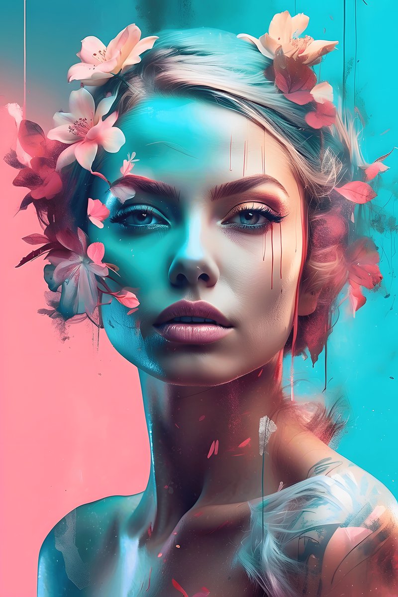 Bloemenposter - Cyan - Vrouw met Bloemen - Abstracte kunst - Modern Art - posters - formaat 70x100cm - Wanddecoratie - L1711MT
