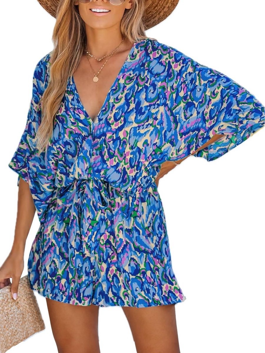 Dames zomerromper met vetersluiting, bedrukt, halflange mouwen, casual, wijde pijpen, vakantie-outfit, mini jumpsuit - S-XXL