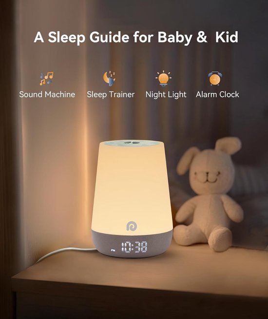 Wekker met Geluid - Nachtlamp Baby - Slaaproutine Leren - 34 Soorten Geluiden - 14.6 x 11 x 11 cm — afbeelding 4