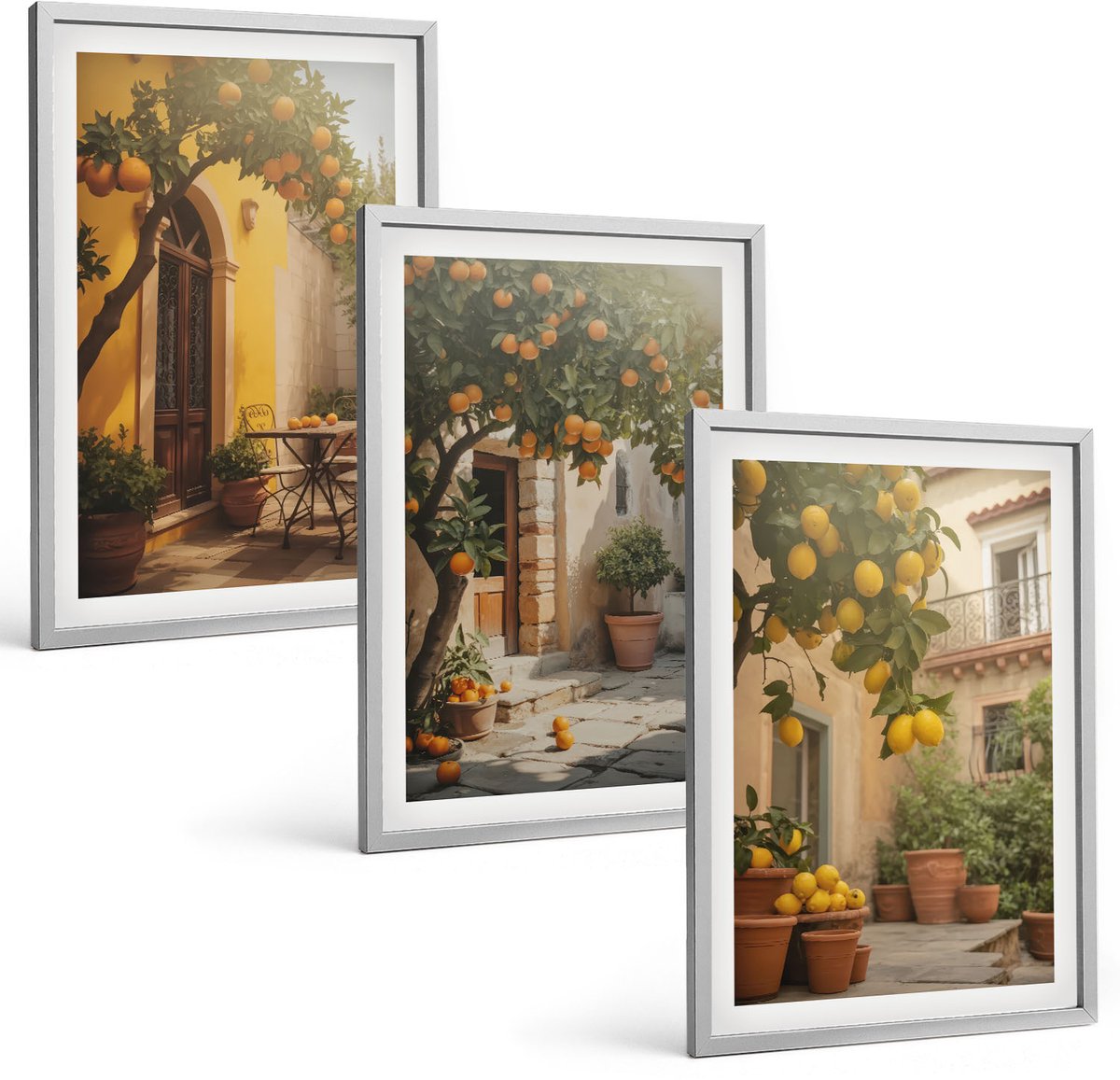 Coloray 3-Delige Schilderij Set - Zonnig Terras Met Citrusbomen En Potten. - 40 x 60 cm - Muurdecoratie - Interieur Decoratie - Moderne Wanddecoratie