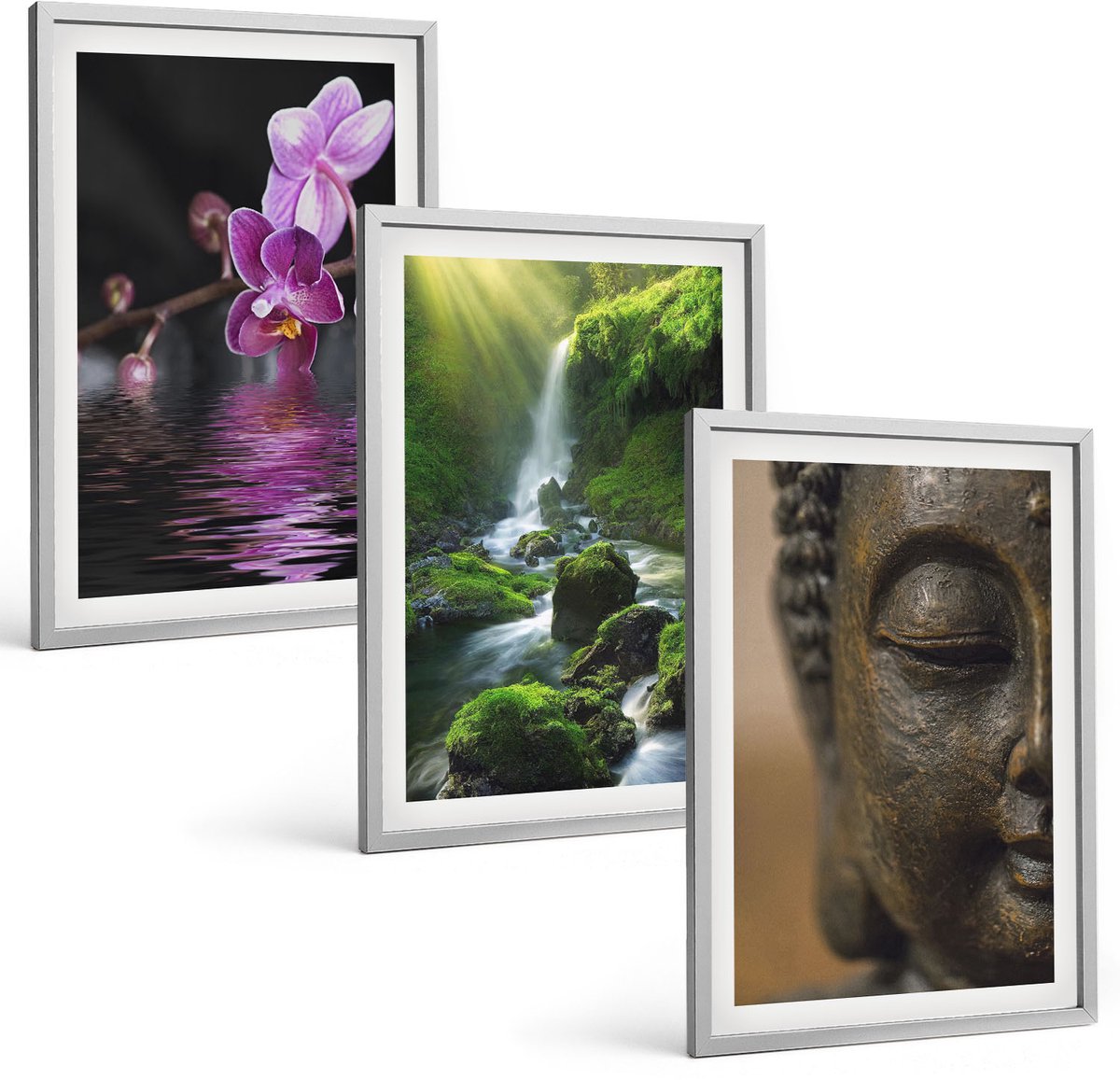 Coloray 3-Delige Schilderij Set - Bloemen In Het Water, Waterval Met Groene Rotsen, Boeddha - 40 x 60 cm - Muurdecoratie - Schilderijen Set - Woonkamer - Stijlvolle Muurdecoratie