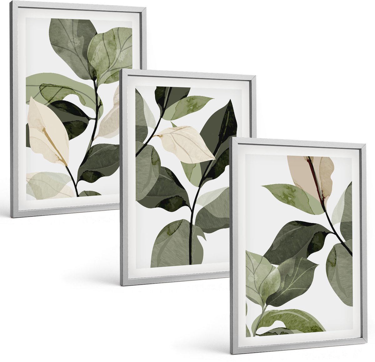 Coloray 3-Delige Schilderij Set - Geschilderde Delicate Boho-Plantenbladeren - 40 x 60 cm - Wanddecoratie - Schilderijen Set - Interieur