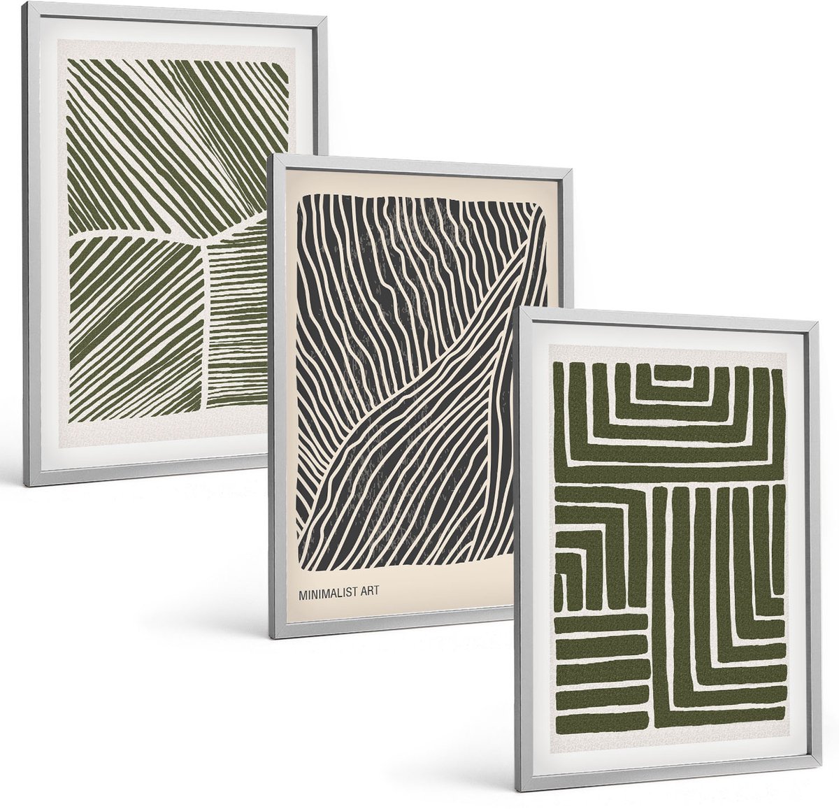 Coloray 3-Delige Schilderij Set - Patronen Van Lijnen En Vormen In Groene Tinten - 40 x 60 cm - Muurdecoratie - Wanddecoratie - Slaapkamer - Stijlvolle Muurdecoratie