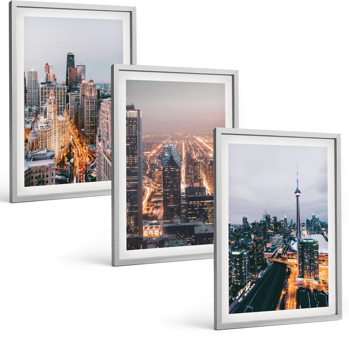 Coloray 3-Delige Schilderij Set - Stadsgezichten 'S Nachts Met Wolkenkrabbers En Verlichting - 40 x 60 cm - Muurdecoratie - Interieur Decoratie - Decoratieve Schilderijen