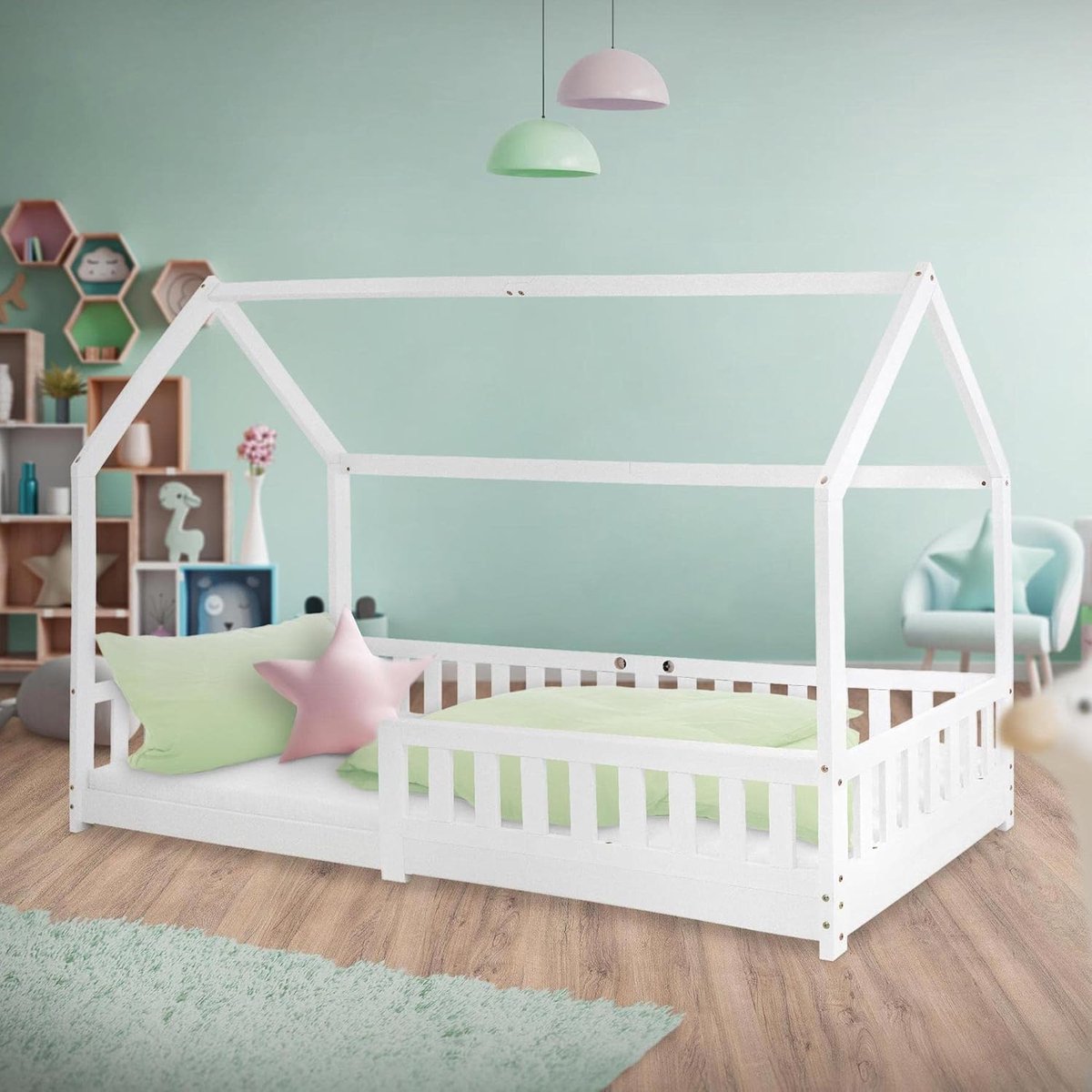 Kinderbed 90x200 cm met uitvalbeveiliging, dak en lattenbodem, wit, massief houten kinderbed, huisbed voor meisjes/jongens, bedhuis van massief grenen hout, stabiel jeugdbed kinderhuis