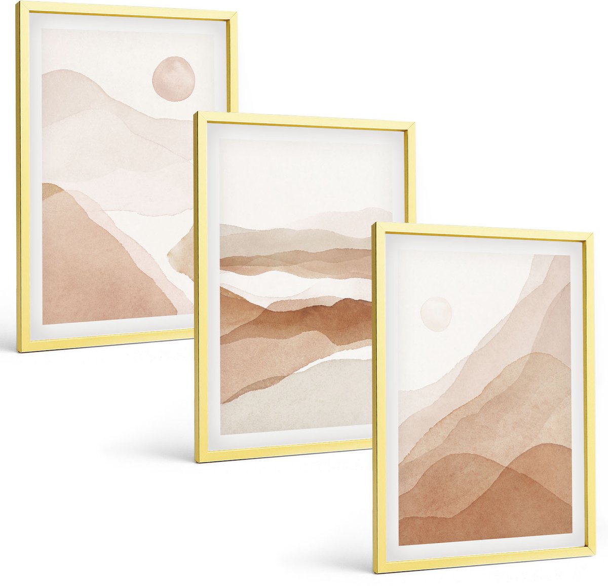 Coloray 3-Delige Schilderij Set - Abstracte Landschappen In Bruine En Beige Tinten. - 40 x 40 cm En 40 x 60 cm - Wanddecoratie - Schilderijen Set - Kantoor Gouden lijst