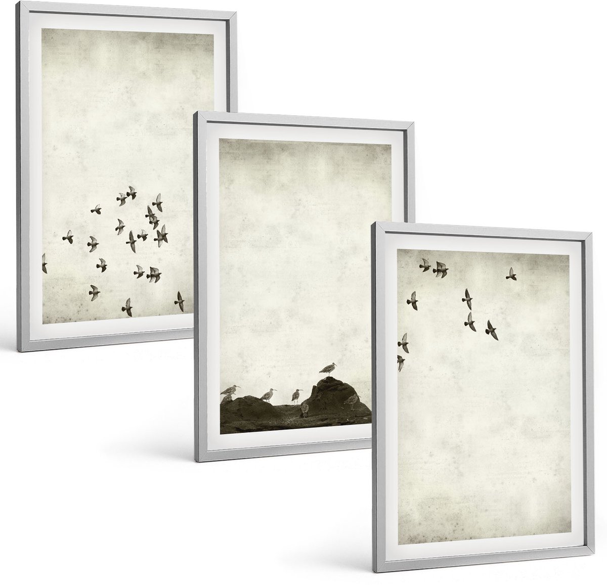 Coloray 3-Delige Schilderij Set - Vogels In Vlucht, Geschilderd In Minimalistische Stijl. - 40 x 60 cm - Wanddecoratie - Schilderijen Set - Interieur - Stijlvolle Muurdecoratie
