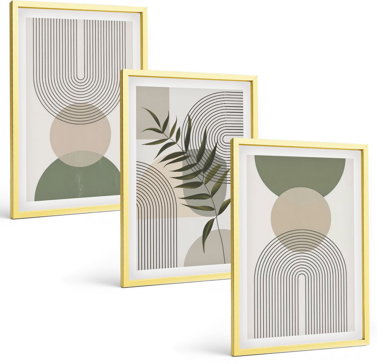 Coloray 3-Delige Schilderij Set - Abstracte Vormen En Bladeren In Boho-Stijl - 40 x 40 cm En 40 x 60 cm - Wanddecoratie - Woonkamer Decoratie - Moderne Wanddecoratie
