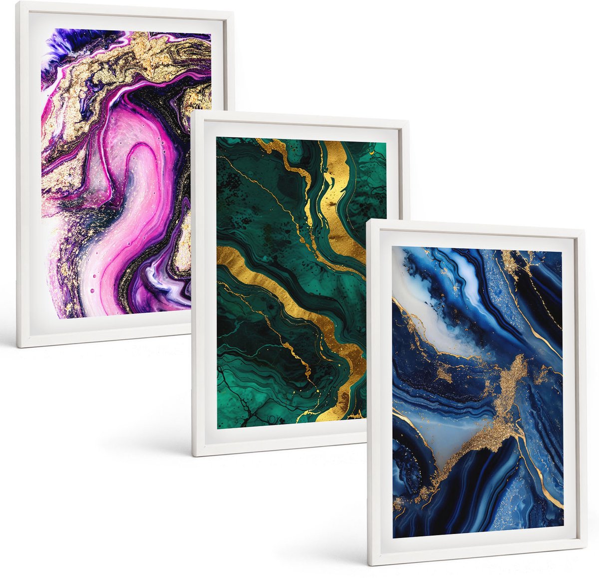 Coloray 3-Delige Schilderij Set - Abstracte Patronen In Tinten Roze, Groen En Blauw. - 40 x 60 - Wanddecoratie - Muurdecoratie - Moderne Interieurdecoratie