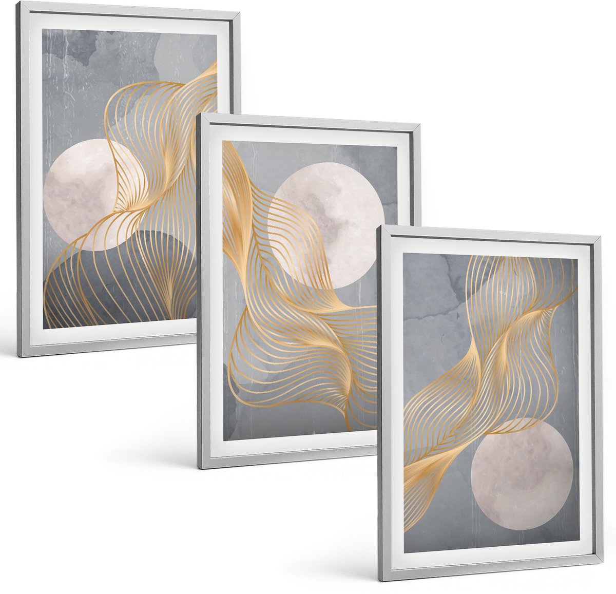 Coloray 3-Delige Schilderij Set - Abstracte Patronen Met Golven En Cirkels Op Een Grijze Achtergrond. - 40 x 60 cm - Wanddecoratie - Schilderijen Set - Interieur - Decoratieve Schilderijen