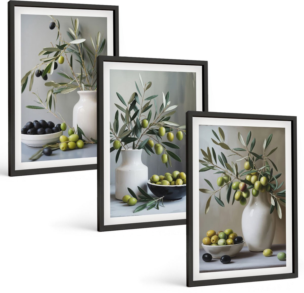 Coloray 3-Delige Schilderij Set - Olijven In Vazen ​​Met Takken Op Een Grijze Achtergrond - 40 x 60 cm - Muurdecoratie - Decoratieve Schilderijen - Wohnzimmer - Woonkamer Decoratie